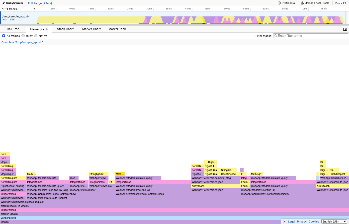 Flamegraph view in Vernier showing a real Rails request